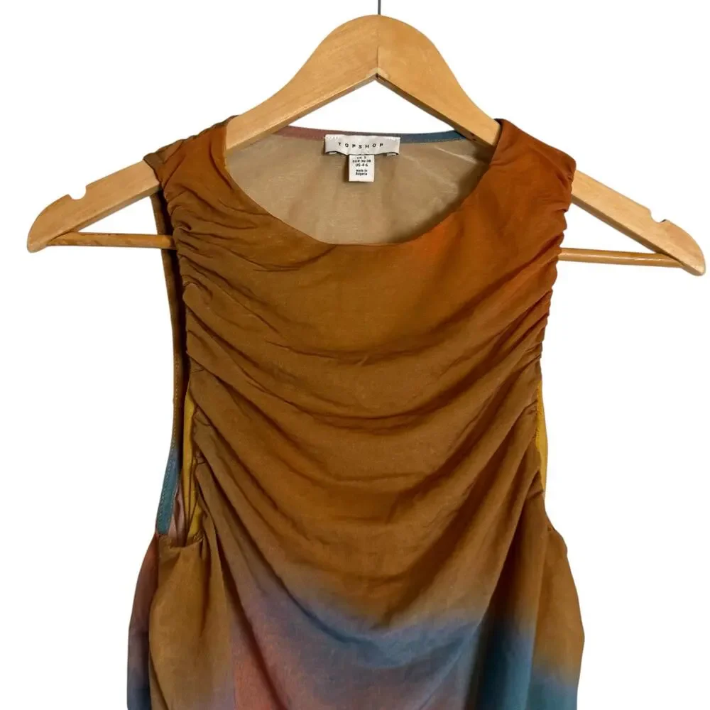 Topshop Rust Purple Ombre Ruched Draped Sleeveless Artsy Modern Top Size Small